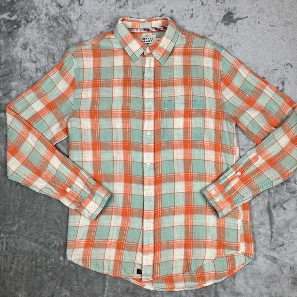 The Normal Brand Men’s Button Up Shirt Pastel Orange Blue Plaid Lightweight Med